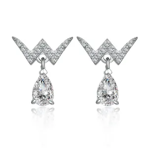 W Letter with Water Drop Zircon Silver Drop Earrings for Women