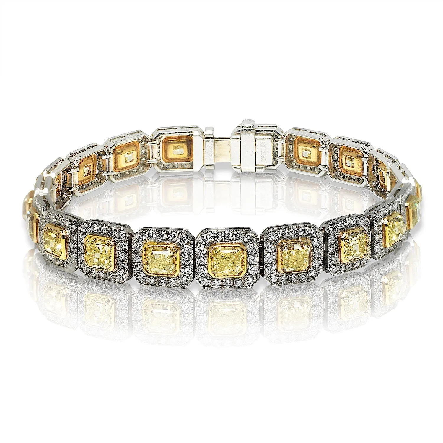 WILLS 17 Carat Fancy Yellow Cushion Cut Inline Halo Diamond Tennis Bracelet in 18K White and yellow Gold By Mike Nekta NYC