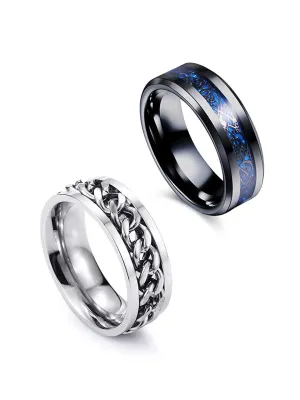 Yellow Chimes Rings for Men |Pack of 2 Combo Rings Stainless Steel Ring and Blue and Black Dual Tone Dragon Celtic Smooth Finish Rings | Ideal Gift For Men and Boys